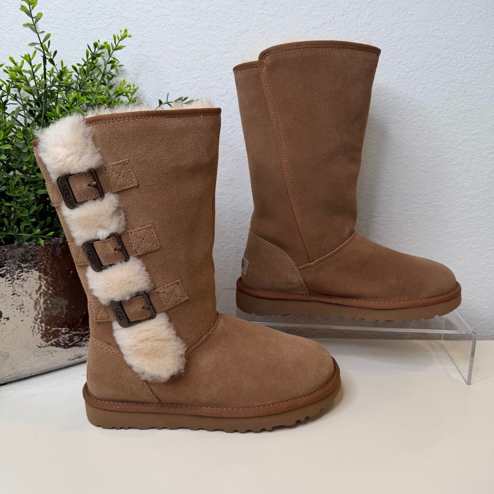 UGG Klea Triple Buckle Boots Women Chestnut Shearling Trim Winter Cozy Size 6